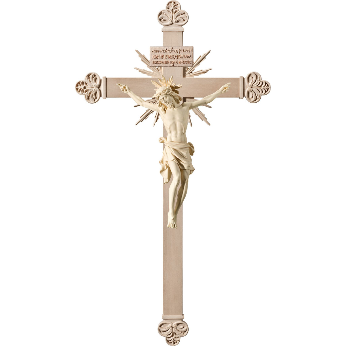 Cristo Pisa en cruz barroca con rayos y Titulus Crucis en hebreo - latín - griego